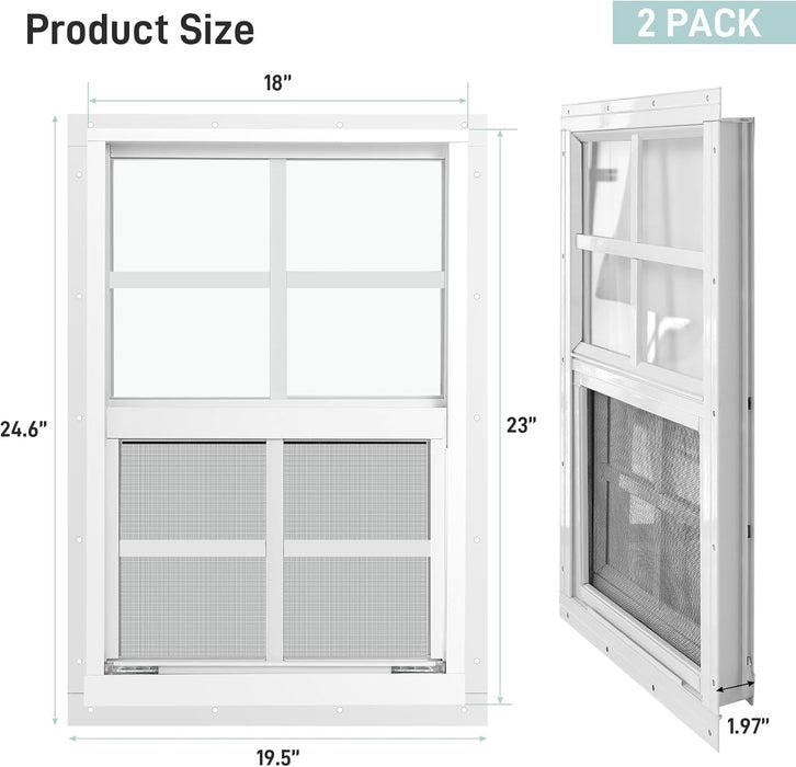 2 Pack Shed Window, Flush Mount Window with Tempered Glass for Sheds, Chicken Coops, Garage and Playhouse (White) (18" X 23")