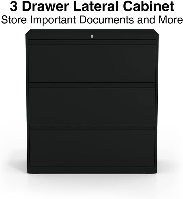 3-Drawer Lateral File Cabinet, 36 Inch Wide, Locking, Black