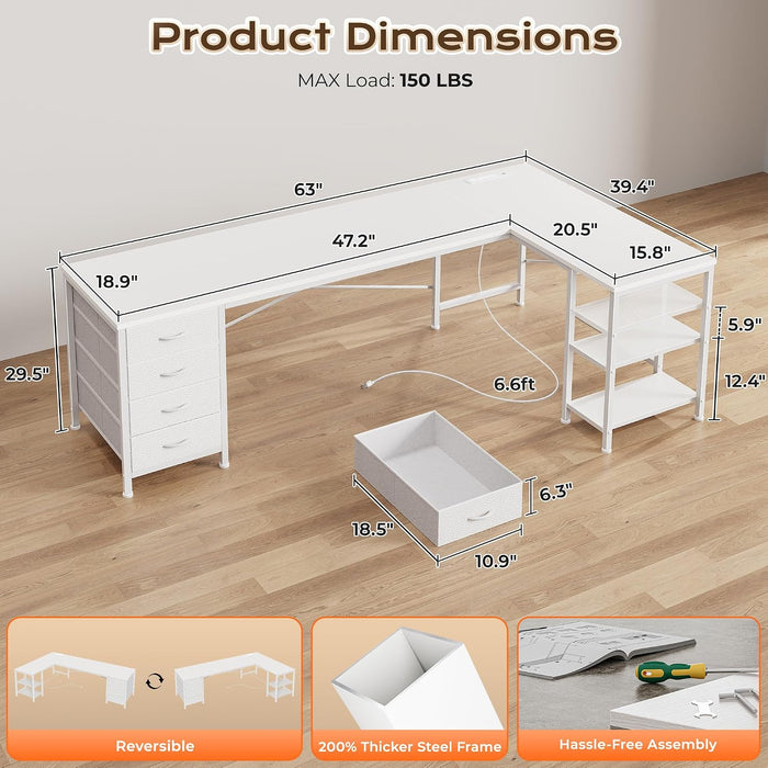 63 Inch L Shaped Desk with Fabric Drawers, Reversible Computer Gaming Desk with Power Outlets and USB-C Port, Adjustable Side Storage Shelves, for Work Study Corner Home Office, White