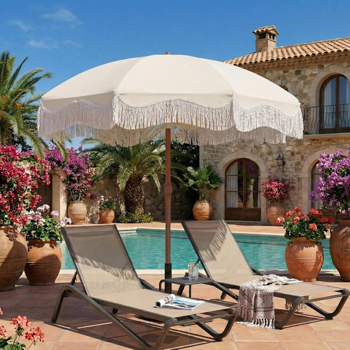 7Ft Patio Umbrella with Fringe, Boho Beach Umbrellas, Outdoor Tassels Umbrellas with Push Button Tilt & Carrying Bag, 8 Windproof Fiberglass Ribs, UPF50+
