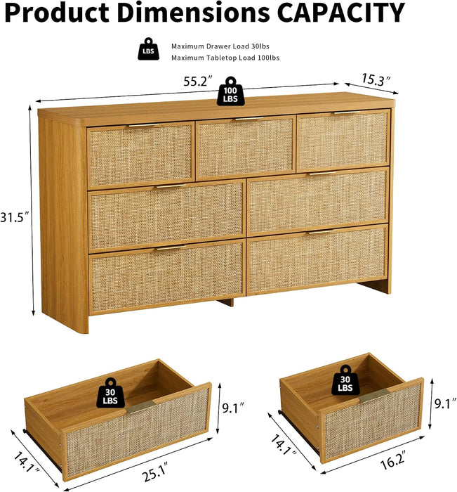 Rattan 7 Drawer Dresser for Bedroom,55" Wide,Natural Oak,Modern Chest of Drawers with 7 Large Storage Space and Curved Edge Design, 7 Drawer Large Dresser for Bedroom