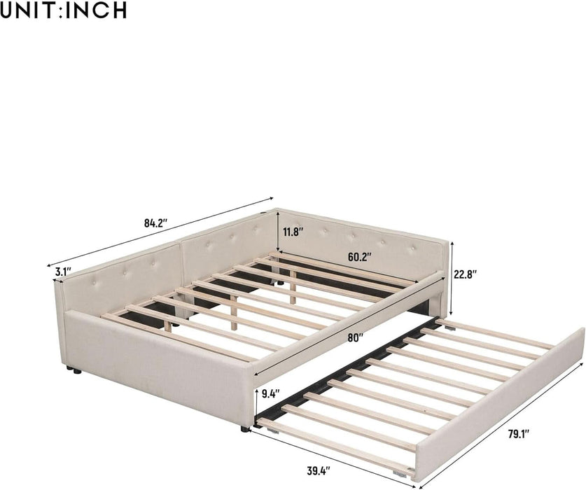 Queen Linen Upholstered Platform USB Ports and Twin Size Trundle,Modern Wooden Bed Frame W/Wood Slats Support,No Box Spring Required,For Dormitory,Apartment,Beige