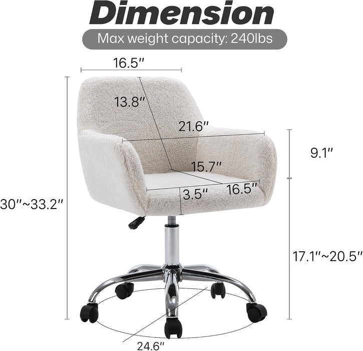 Faux Fur Makeup Vanity Chair,Home Office Desk Chair with Wheels, White