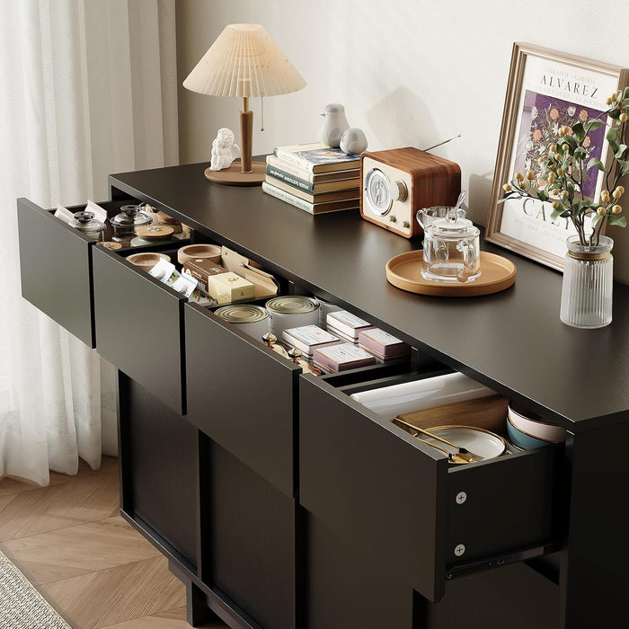Black Sideboard Buffet Cabinet, 55" Mid Century Buffet Cabinet with 4 Drawers and 4 Doors, Wooden Coffee Bar Table for Kitchen