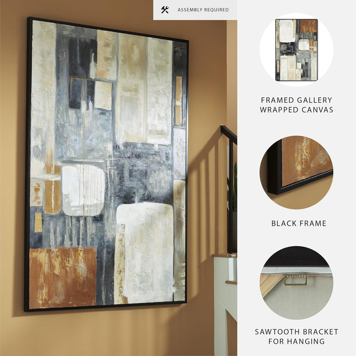 Howford Contemporary Rectangular Abstract Framed Hand-Painted Wall Art 48 X 72 Inches, Black & Gray