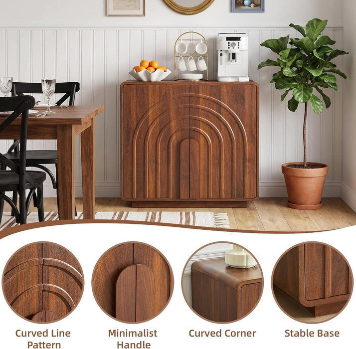 32" Sideboard Buffet Cabinet with Storage, Walnut Modern Cabinet with Arched Wood Door and Adjustable Shelf, Wooden Modular Kitchen Cabinet for Dining& Living Room, Entryway