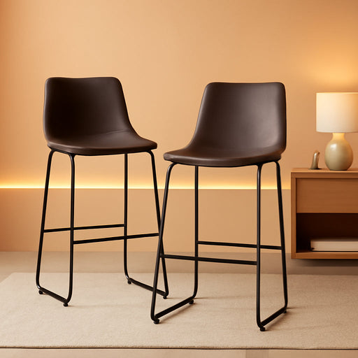 Bar Stools Set of 2, Faux Leather Barstools with Metal Legs | Counter Height 30 Inch Design, Armless with Back, Comfortable, Modern Finish, Kitchen Island, Black