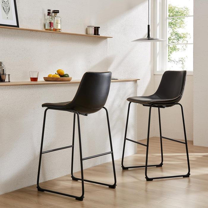 Bar Stools Set of 2, Faux Leather Barstools with Metal Legs | Counter Height 30 Inch Design, Armless with Back, Comfortable, Modern Finish, Kitchen Island, Black