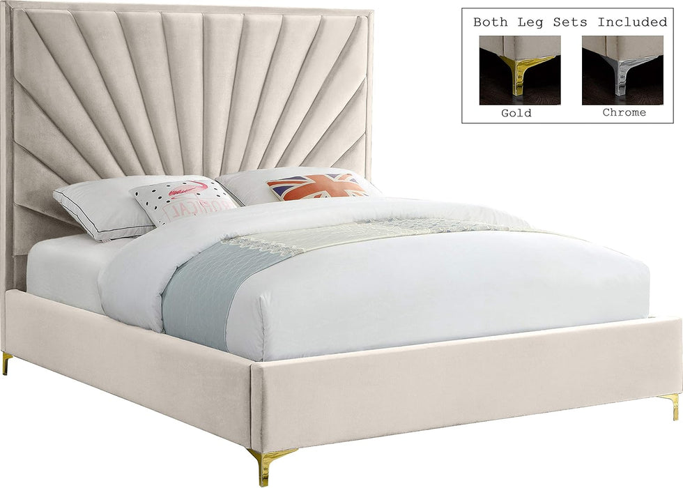 Eclipse Collection Modern | Contemporary Velvet Upholstered Bed with Channel Tufted Design and Complete Sets of Gold and Chrome Legs Included, Queen, Cream