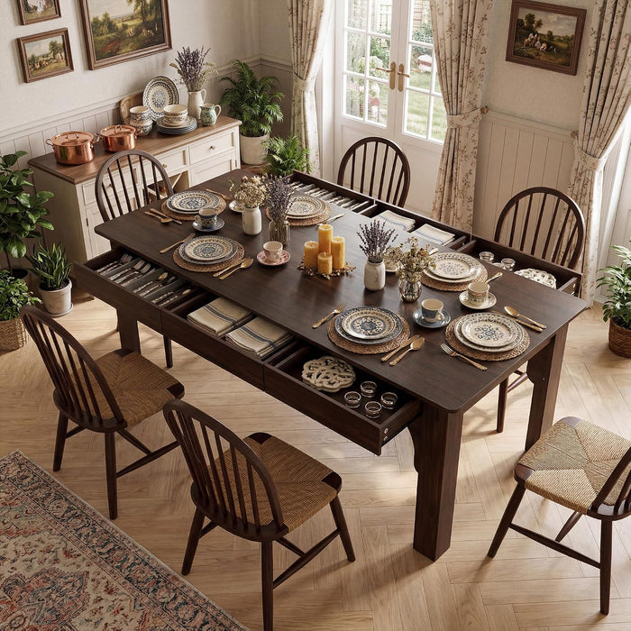 Farmhouse Dining Table for 6-8 People, 68.9" Rustic Kitchen Table with 6 Drawers, Long Rectangle Dinner Table with Wood Grain for Dining Room, Brown