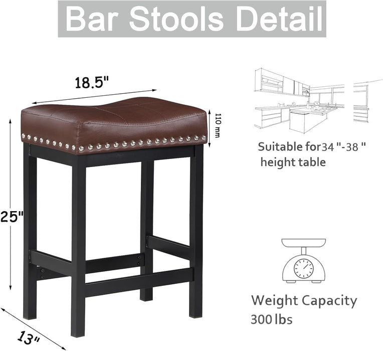 Brown Bar Stools Set of 2, Counter Height Bar Stool, Saddle Barstools, Pu Leather Stools with Metal Frame for Kitchen Island, 918P-BR
