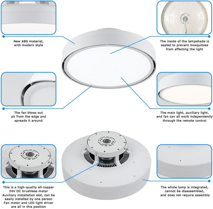 Ceiling Fans with Lights and Remote, Flush Mount Modern Bladeless Ceiling Fan with Light, 6 Speeds, Stepless Dimming and CCT 3000K-6000K LED Lights for Bedroom, Study Room (White, 20.1″)