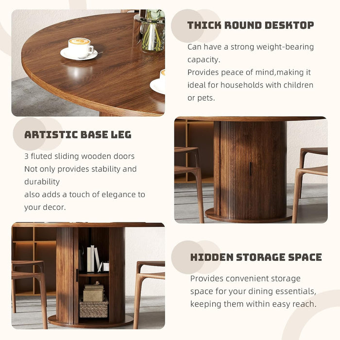 47 Inch round Dining Table for 4-6, Circle Farmhouse Kitchen Table with Storage Space, Wood Strip Base for Dining Room, Living Room, Lunch (Dark Brown)