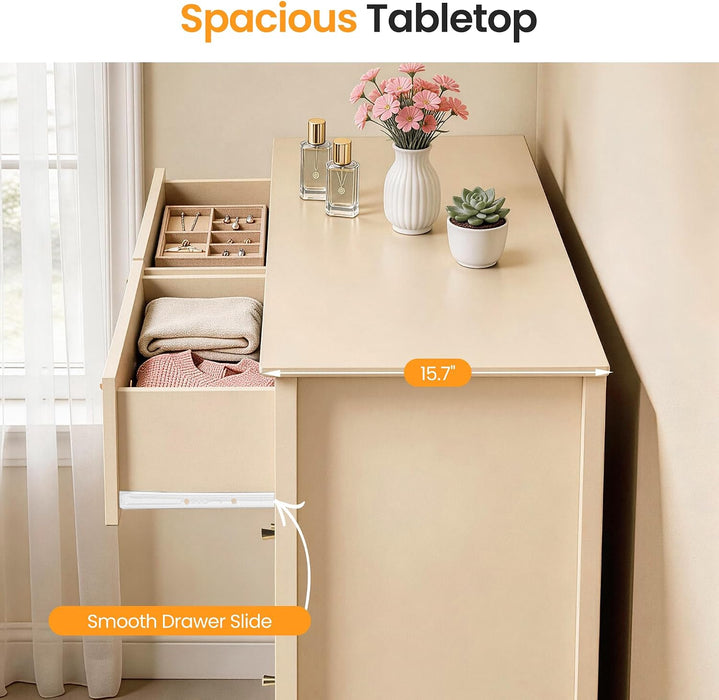 Beige 6 Drawer Dresser, Fluted Modern Wood Chest of Drawers, Long Dresser for Bedroom TV Stand Storage Cabinet for Living Room