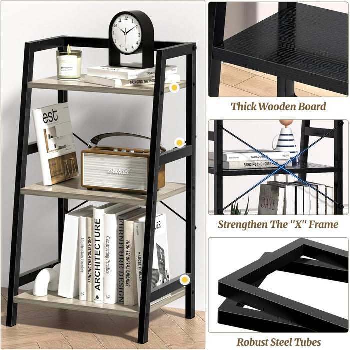 3-Tier Bookshelf, Ladder Shelf, Stand up Shelves, Industrial Bookcase with Steel Frame, Metal Small Bookcase, for Living Room, Home Office, Kitchen, Bedroom, Industrial Style（Greige & Black）