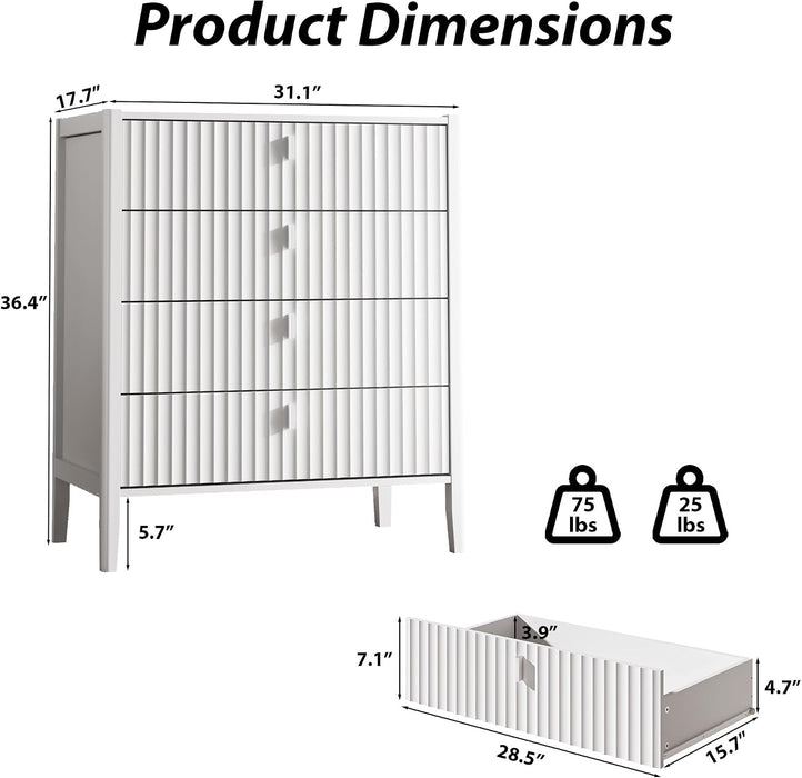 White 4 Drawer Dresser, Modern Chest of Drawers for Bedroom, Wood Fluted Dresser Organizer with Deep Drawers for Clothes, Nightstand for Bedroom, Hallway, Living Room, Entryway