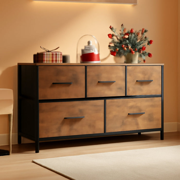 Dresser for Bedroom with 5 Drawers, Wide Chest of Drawers, Fabric Dresser, Storage Organizer Unit with Fabric Bins for Closet, Living Room, Hallway, Rustic Brown Wood Grain Print
