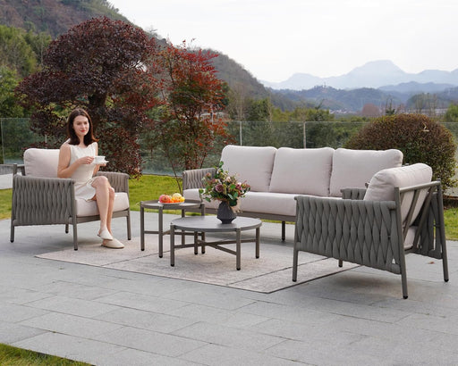 5-Piece Outdoor Furniture Set, Outdoor Sofa Set with 2 round Side Tables, Modern Metal Patio Couch with 6-Inch Thick Waterproof Cushions for Porch Deck Backyard