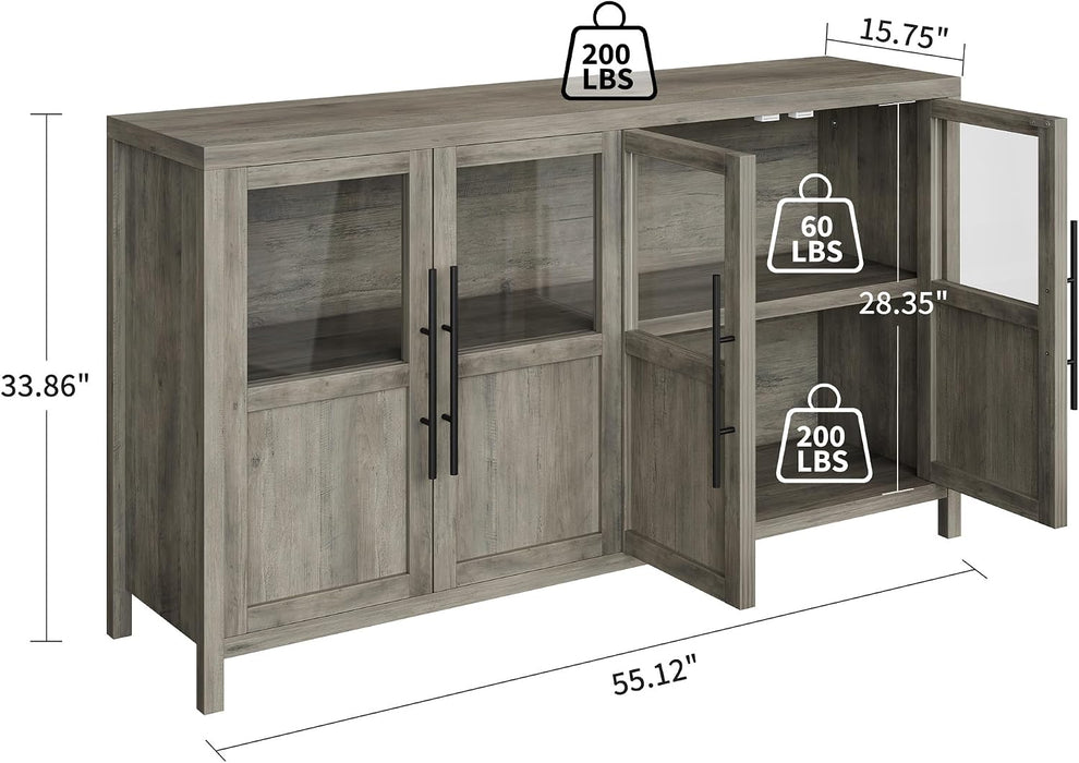 55” Large Buffet Cabinet with Storage, Sideboard Buffet Cabinet with Glass Doors, Modern Farmhouse Storage Cabinet Table for Kitchen Dining Room, Living Room (Grey, Glass with 4 Doors)