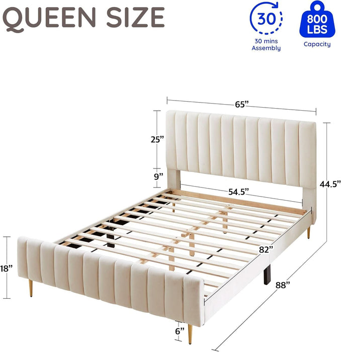 Queen Size Elton Velvet Platform Bed, Upholstered Bed Frame with Vertical Channel Tufted Headboard Footboard, Strong Wood Slats, No Box Spring Needed, Ivory (Queen)
