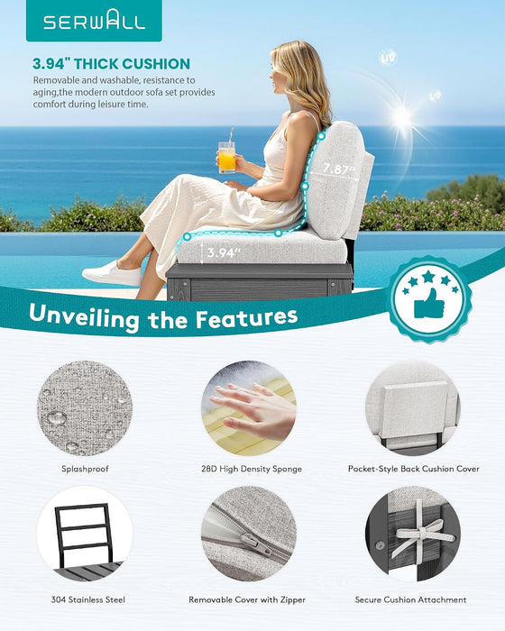 HDPE Outdoor Furniture Set, 4 Seats Outdoor Sectional with Coffee Table, All-Weather Patio Sofa Set, Patio Conversation Sets with Adjustable Backrest Sofa for Garden, Backyard, Grey with Beige