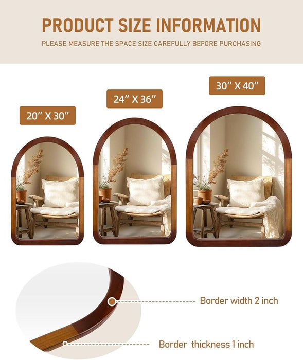 Arched Mirror 24 X 36 Inch,Brown Wood Rustic Bathroom Tempered Wall Mirror with Wood Frame,Round Corner Arch Farmhouse Wooden Vanity Mirror for Living Room,Entryway or Bedroom（Walnut Brown）