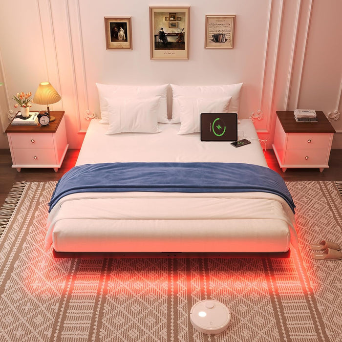Floating Bed Frame Queen Size with Smart LED Lights & Charging Station