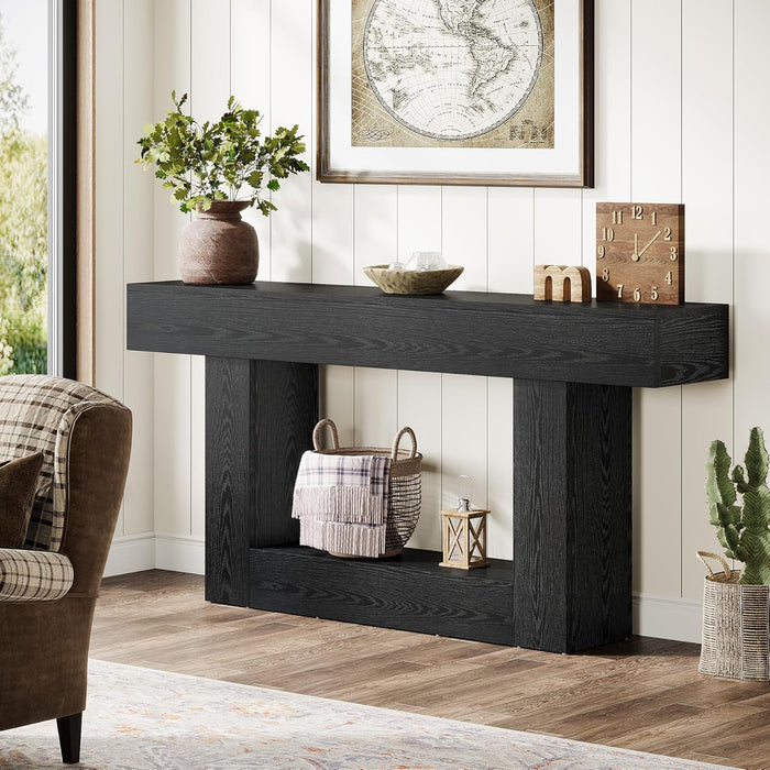 63" Console Table, Farmhouse 2-Tier Entryway Table with U-Shaped Base, Narrow Long Wood Sofa Table behind Couch Table for Living Room, Hallway, Foyer, Black
