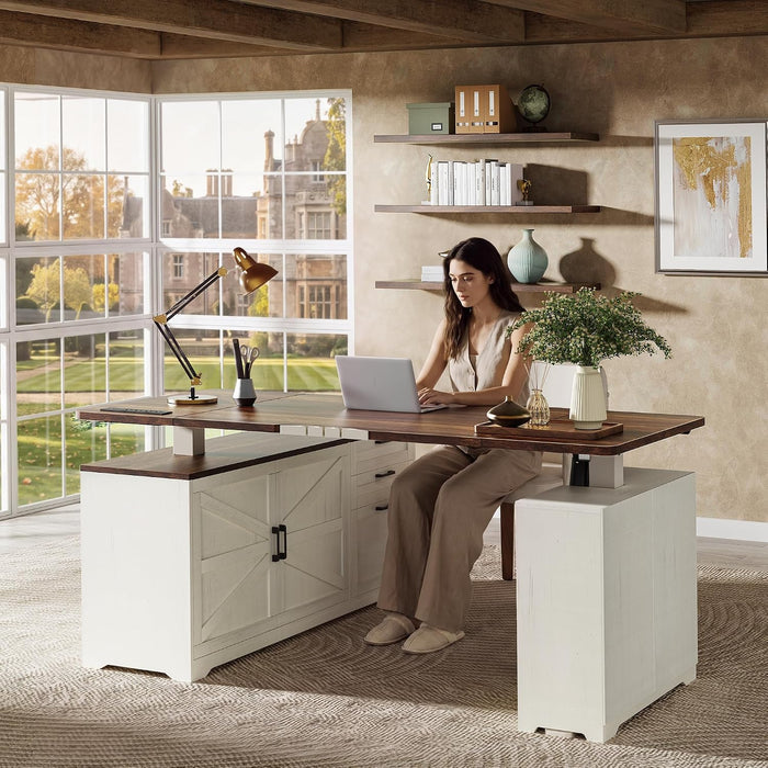55'' Farmhouse L Shaped Standing Desk with Outlets and Drawers