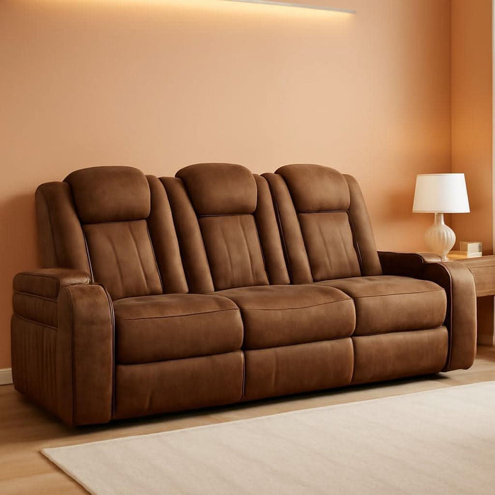 Wolfridge Contemporary Faux Leather Power Reclining Sofa with Drop down Table, LED Lights, Electrical Outlet, Wireless Charging, USB Ports and Cup Holders, Light Brown