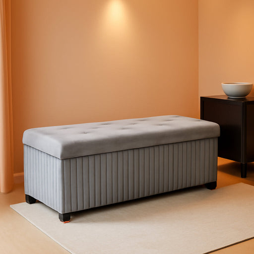 Storage Ottoman Bench, 43 Inch Foldable Ottoman with Legs, Velvet Foot Rest Stool, End of Bed Bench, Storage Chest for Living Room, Bedroom (Grey)