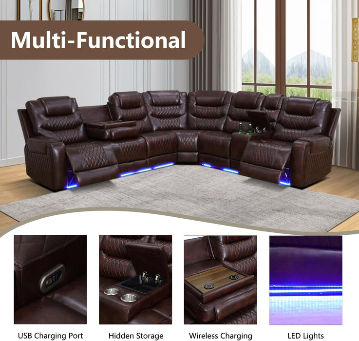 Power Recliner Sectional Sofa with LED Lighting, Breathing Leather Corner Couch with USB Port and Storage Console, Cup Holders– Home Theater & Living Room Seating (Brown)