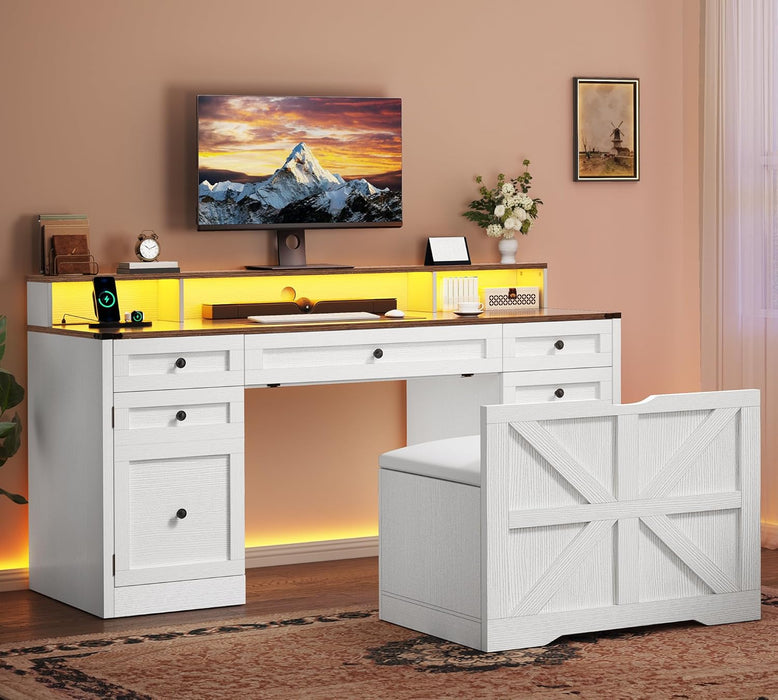 Antique White Computer Workstation Stool With Drawers