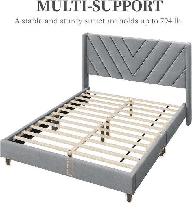 Queen Bed Frame Upholstered Platform Bed with Wing Side/Wooden Slat Support/Tufted Headboard with Wing Side/Mattress Foundation/No Box Spring Needed,Light Gray Queen Bed