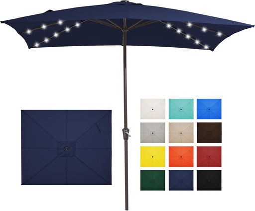 8X10 Ft Rectangular LED Lighted Patio Umbrellas Outdoor Solar Table Market Umbrella W/Crank, 8 Sturdy Ribs, UV Protection Waterproof Sunproof(Dark Blue)