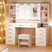 53.15" Large Vanity Desk with Mirror and Lights,White Makeup Vanity with Glass Top Power Outlet Vanity Table with 11 Drawers 6 Shelves Dressing Table Stool Set for Bedroom Women UXFST008W