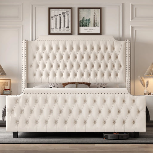 54" Tall Headboard Bed Frame with Wingback, Queen Size Bed with Tall Headboard, Velvet Deep Button Tufted Tall Upholstered Bed with Footboard, Off-White