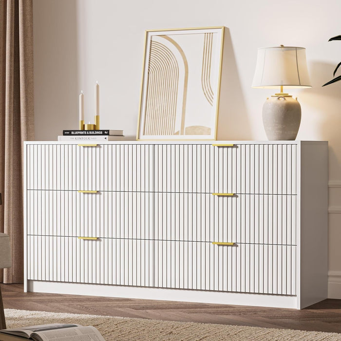 55" Wide Fluted 6-Drawer Double Dresser for Bedroom, White