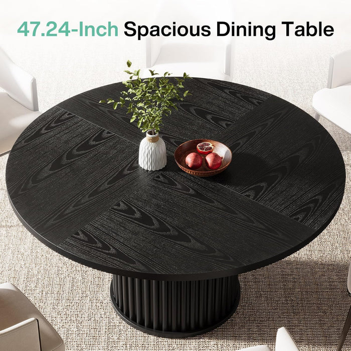 47.24-Inch Black round Dining Table for 4-6 People, Modern Fluted MDF + Metal Base Kitchen Table, Sturdy Circle Dining Room Furniture, Black