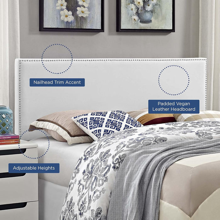 Phoebe Faux Leather Upholstered King Headboard in White with Nailhead Trim
