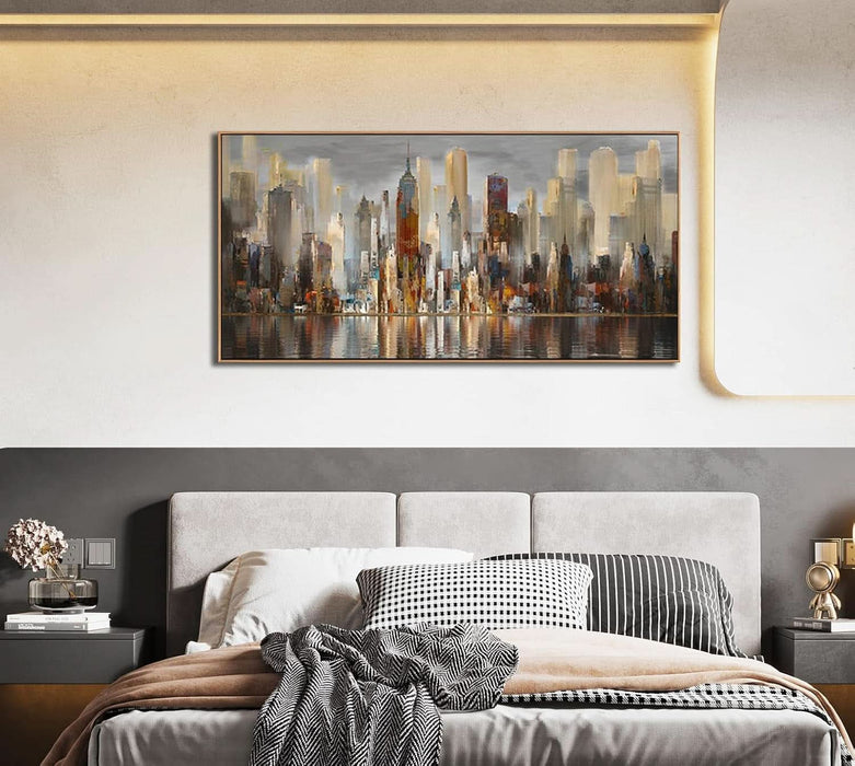 Abstract Modern Canvas Wall Art for Living Room Cityscape New York Wall Decor City Theme Paintings Brown Framed Pictures Office Artwork Wall Decor Bedroom above Bed