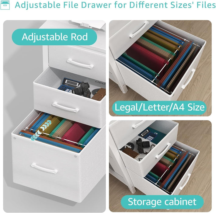 White Computer Desk with Fabric File Drawers Cabinet, 47 Inch Home Office Desks with Filing Cabinet for Small Space, Modern Writing Table PC Desks, White