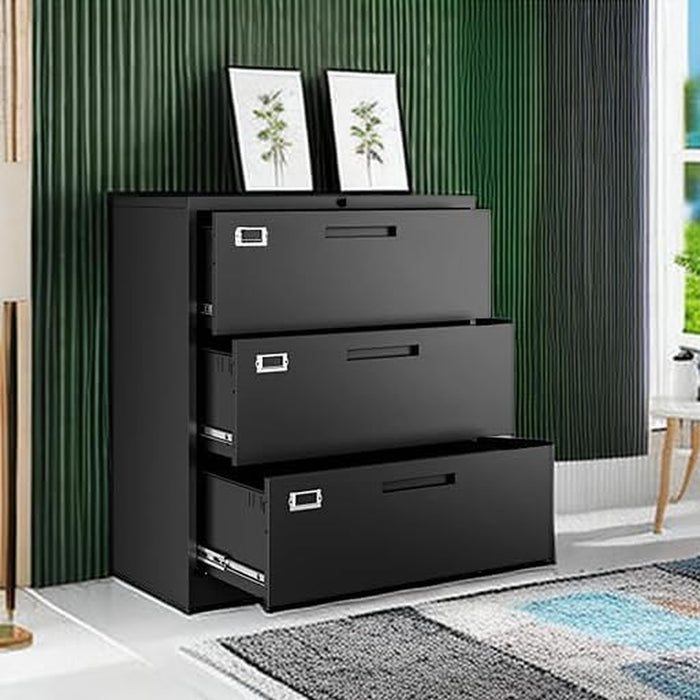 Black Lateral File Cabinet with Lock & Drawers