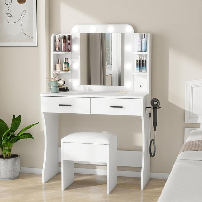 Vanity Desk Set with Mirror, LED Lights and Power Outlet Makeup Table with 2 Large Drawers and round Holder, Dressing Table with Cushioned Stool for Bedroom, Dressing Room (White)