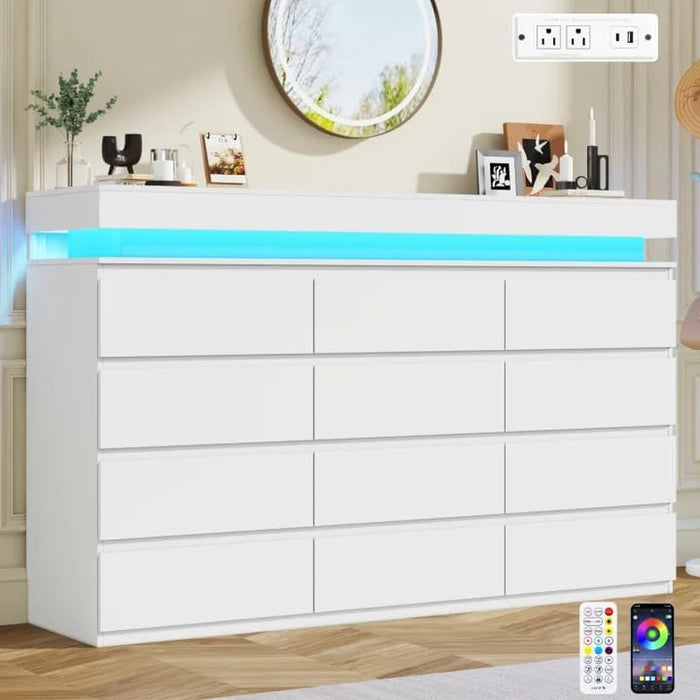 12 Drawer Dresser for Bedroom, 70" Wide 44" Tall Dresser with LED Light & Charging Station, Modern Chest of Drawers for Closet, Living Room, Entryway, Hallway (White, 12 Drawers)