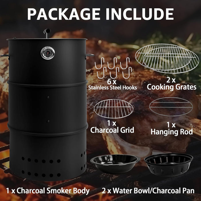 Charcoal Smoker Grill, 20.9" Barrel Charcoal BBQ Smoker, Coated Steel Outdoor Barbecue Grill with 2 Grilling Grates, 1 Hanging Rod, 6 Hooks & Thermometer for Party Backyard Patio Cooking