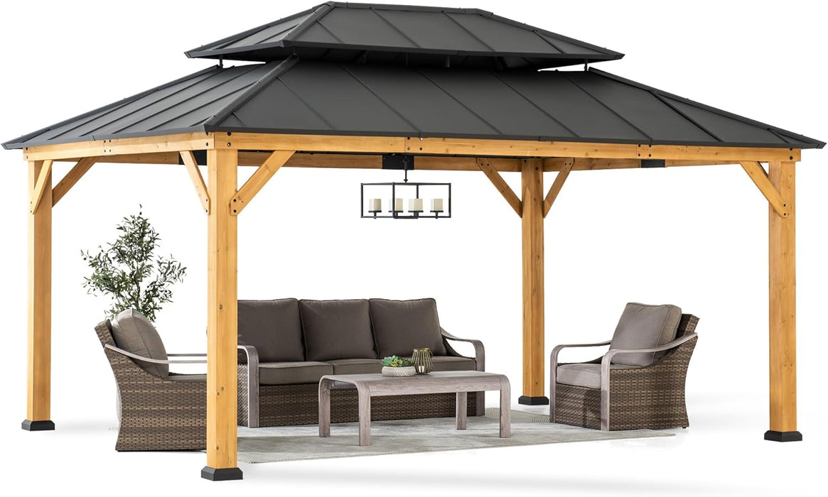 12 X 16 Ft. Wood Gazebo, Outdoor Patio Hardtop Gazebo Cedar Framed Wooden Gazebo with 2-Tier Metal Roof, Suitable for Patios, Lawn and Backyard, Matte Black Roof + Gray Wood Frame