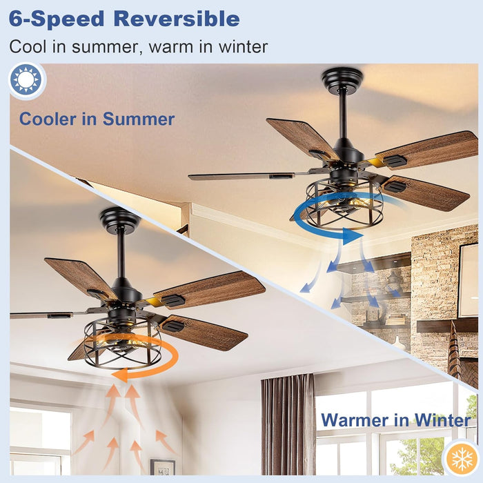 42-Inch Ceiling Fans with Lights: Caged Ceiling Fans Dual Finish 5 Blades - Rustic Ceiling Fan with Remote Control for Farmhouse Living Room Outdoor Porch (E26 Bulb Included)