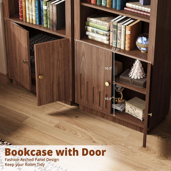 Book Shelf and Bookcases with Doors Floor Standing 6 Shelf Display Storage Shelves, 70.8" Tall Bookcase for Home Office, Living Room, Mid-Century Modern, Walnut Brown