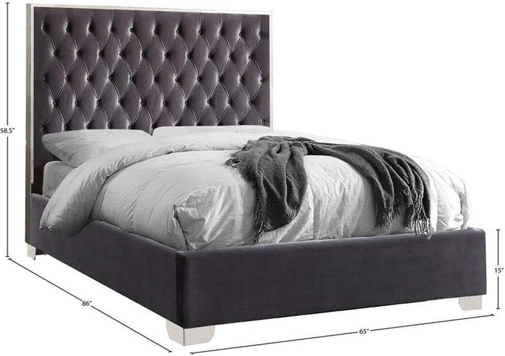 Lexi Collection Modern | Contemporary Velvet Upholstered Bed with Deep Tufting, Polished Chrome Stainless Steel Frame and Legs, Queen, Grey